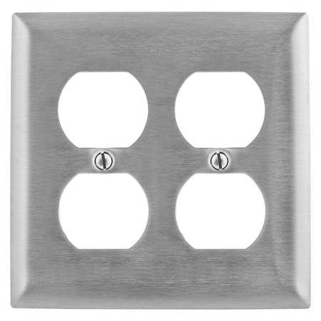 HUBBELL WIRING DEVICE-KELLEMS Wallplates and Boxes, Metallic Plates, 2- Gang, 1) Duplex Openings, 430 Stainless Steel SS82L